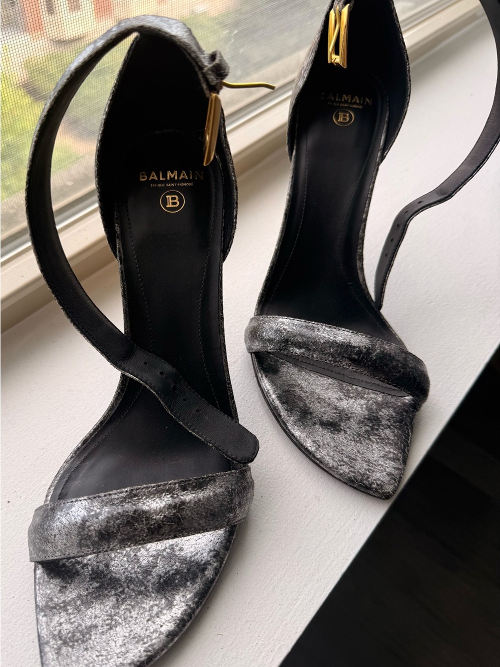 Balmain Silver leather Open-Toe Ankle-Strap Heels - worn only once